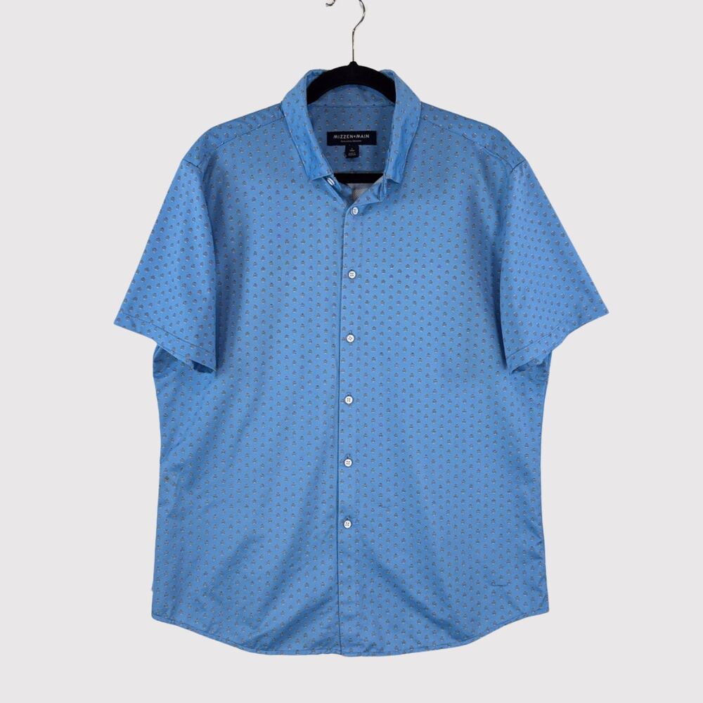Mizzen Main Mens Button Down Shirt Blue Performance Polka Dot Short Sleeve Large